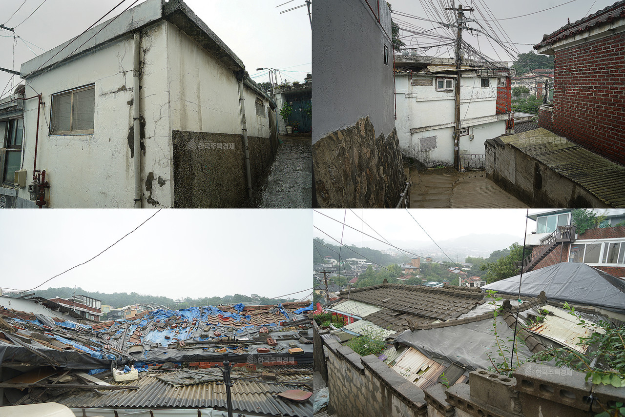 노후화된 주택, 비가 새 임시보수한 벽(사진 위), 지붕 [사진=이호준 기자]