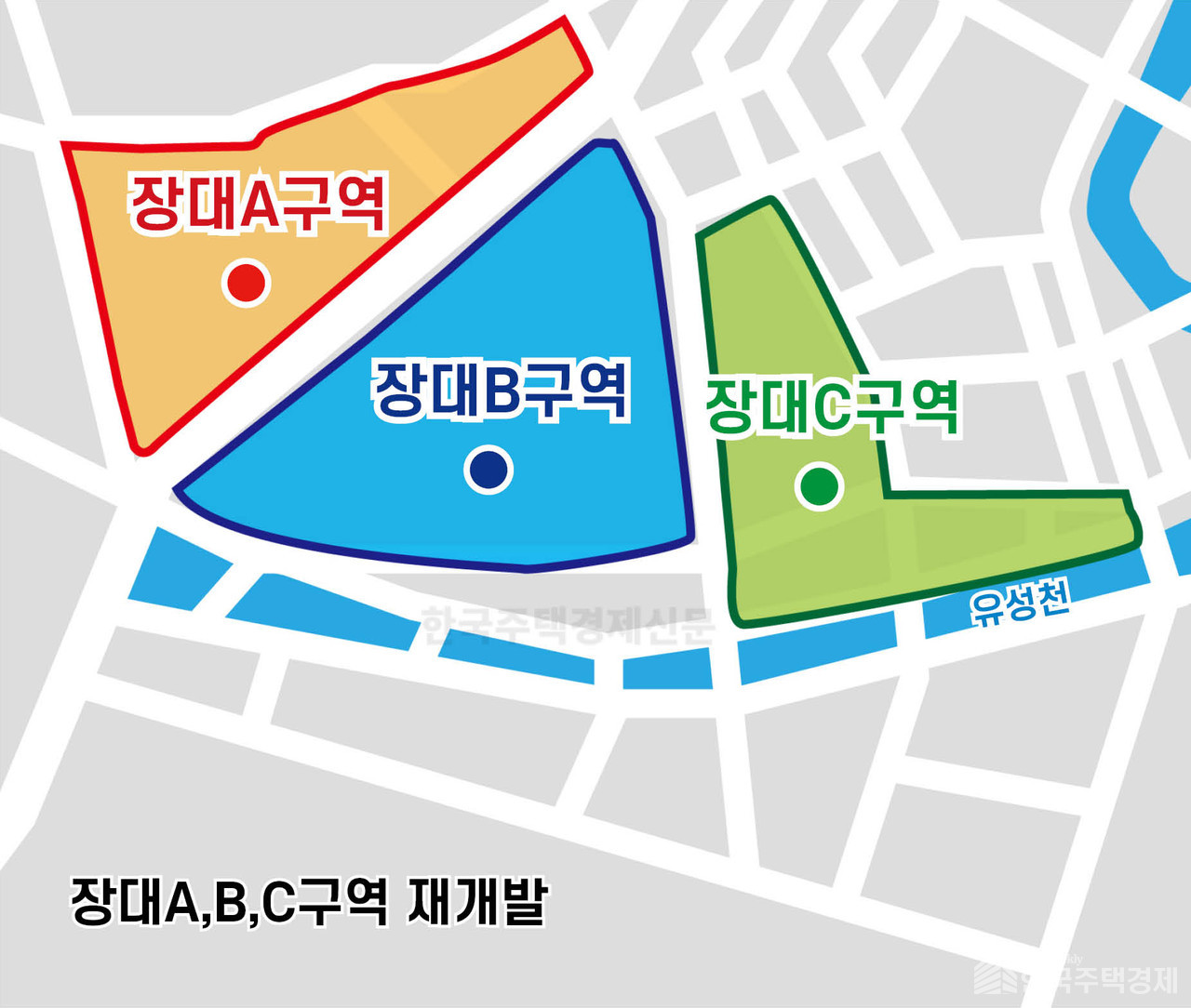 대전 유성구 장대A,B,C구역 재개발 일대 [그래픽=홍영주 기자]