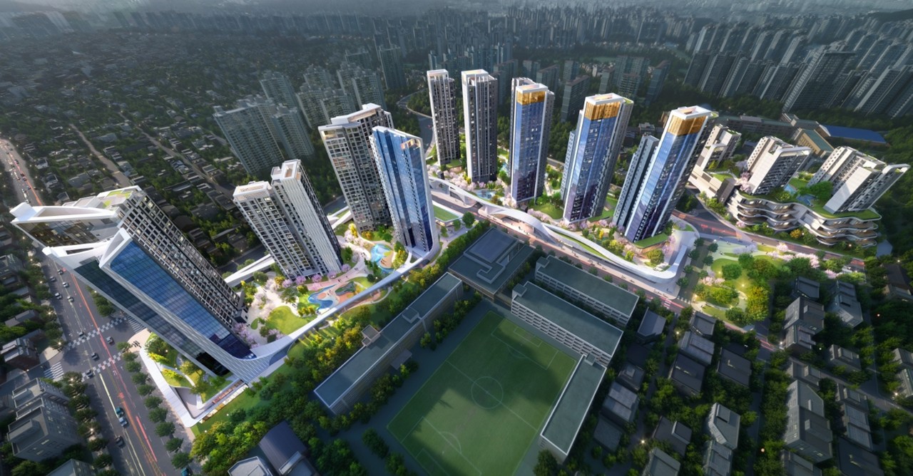 지난 18일 포스코건설이 서울 중구 신당8구역 재개발 시공자로 선정됐다. 하이엔드 브랜드인 오티에르를 적용해 최고 28층 높이의 아파트 1,215가구 등이 들어선다.[조감도=포스코건설 제공]