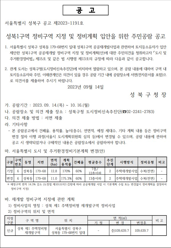 성북1구역 정비구역 지정 및 정비계획 입안을 위한 주민공람공고문 [고시=성북구청]