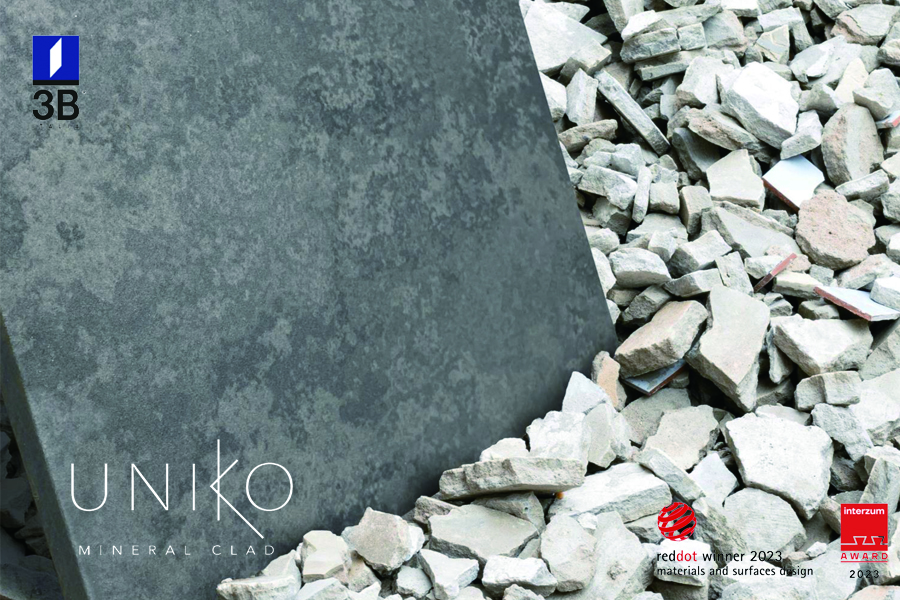 3B도어의 신제품 유니코 도어. 유니코 도어는 돌, 콘크리트, 대리석 질감을 구현한 혁신적인 표면디자인으로 2023 레드닷 어워드에서 winner상을 수상했다. [사진=현대리빙디자인]