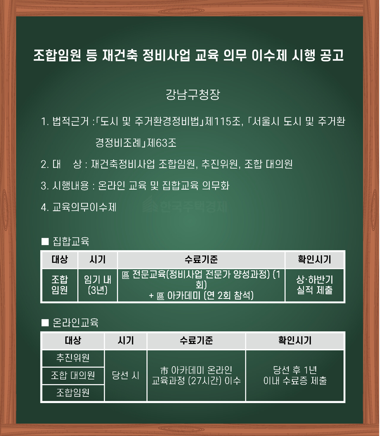 서울 강남구가 정비사업 교육 의무 이수제를 시행한다. [그래픽=홍영주 기자]