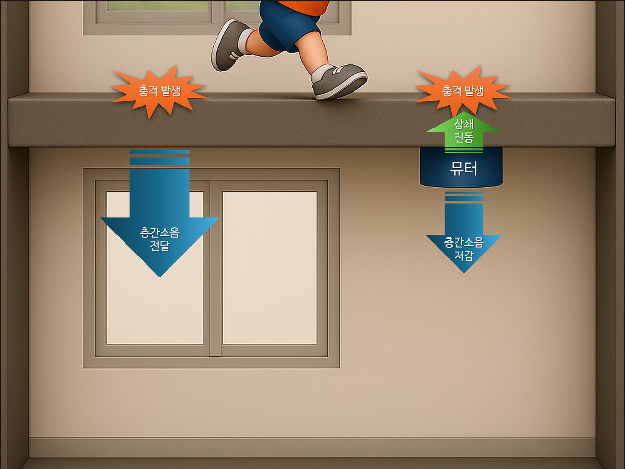 ‘뮤터’ 적용 전 층간소음(왼쪽) 및 ‘뮤터’ 적용 후 층간소음(오른쪽) 원리 비교 [사진=롯데건설 제공]