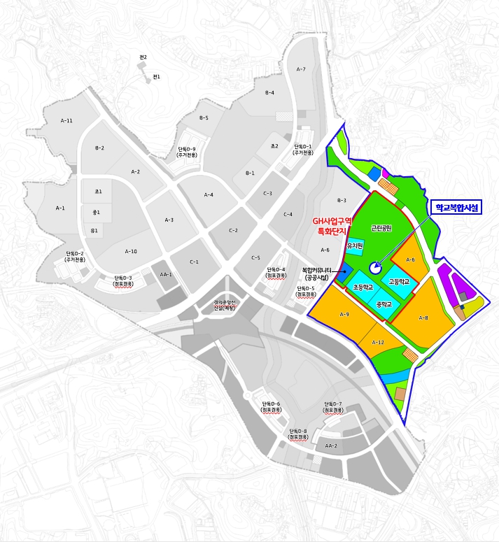 남양주왕숙2 공공주택지구 내 복합커뮤니티 시설이 학교복합시설 공모사업에 선정됐다. [위치도=GH 제공]