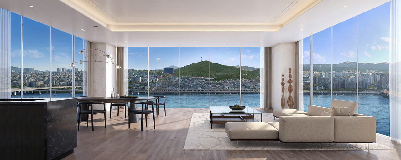 현대건설이 압구정2구역에 제안한 3면 개방 파노라마 한강조망 이미지 [사진=현대건설 제공]