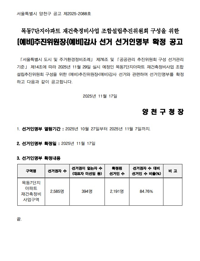 목동7단지 재건축 추진위원회 구성을 위한 예비추진위원장, 예비감사 선거 선거인명부 확정 공고문 [고시=양천구청]